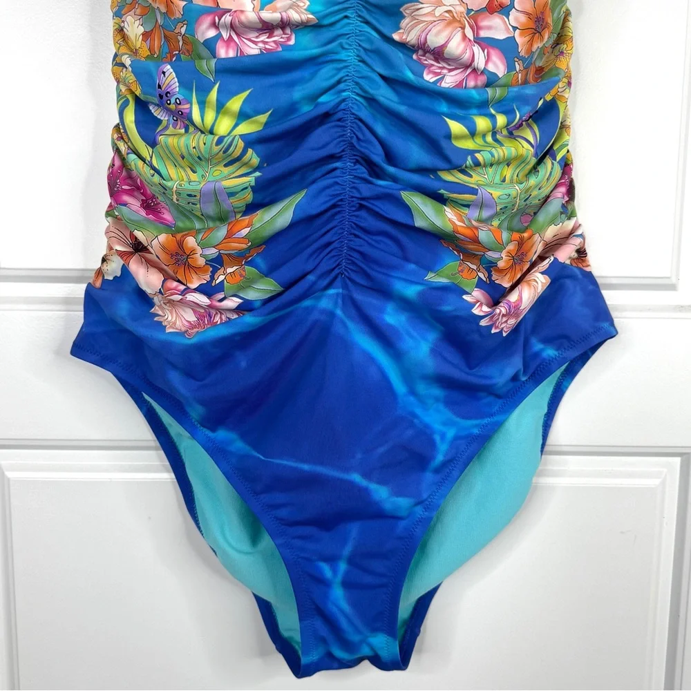 JOHNNY WAS Water Tropic Ruched Sweetheart One Piece Swimsuit NEW Size XL Blue